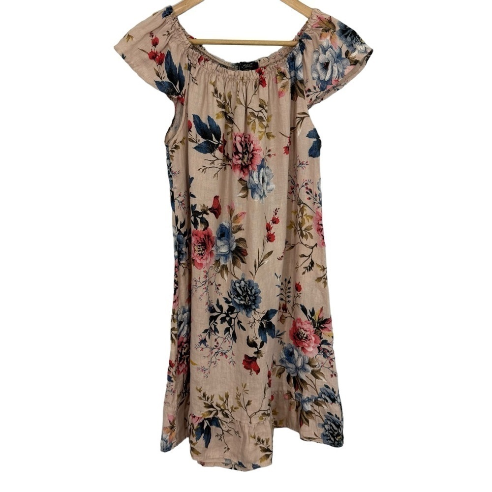 Lungo L’Arno 100% Linen Floral Dress Womens XL Pink Knee Length Ruffle EUC